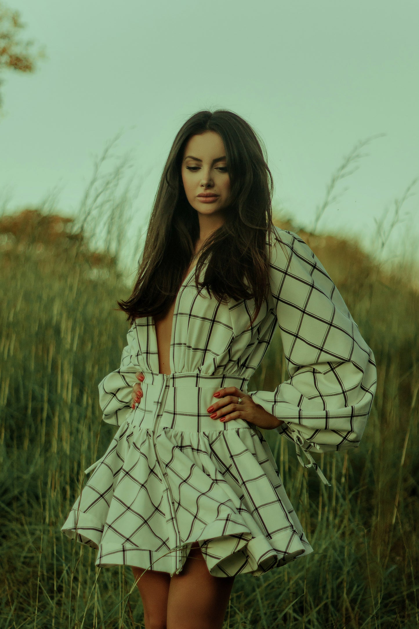 Plaid Puff Sleeve Mini Dress – Chic Deep V Neck Design