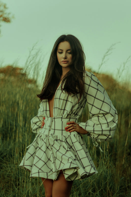 Plaid Puff Sleeve Mini Dress β Chic Deep V Neck Design