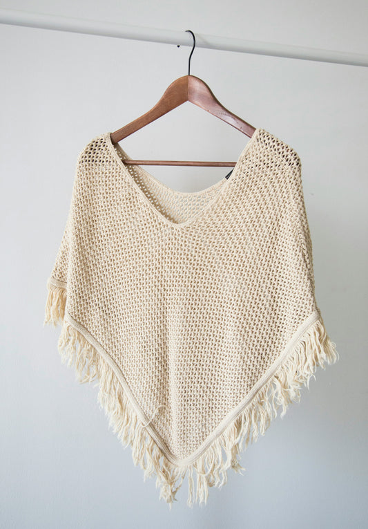 Boho Knit Fringe Poncho β Handmade Crochet Style Cover-Up